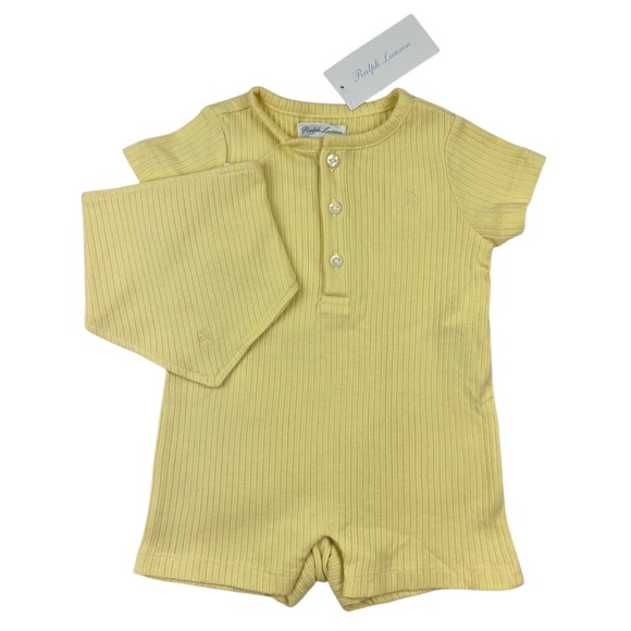 Ralph Lauren Baby Ribbed Cotton Shortall Onesie Bib Set Yellow Classic Size 3M - Picture 1 of 9